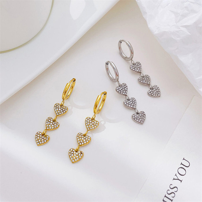 1 Pair Simple Style Heart Shape Plating Inlay Stainless Steel  Rhinestones White Gold Plated Gold Plated Drop Earrings