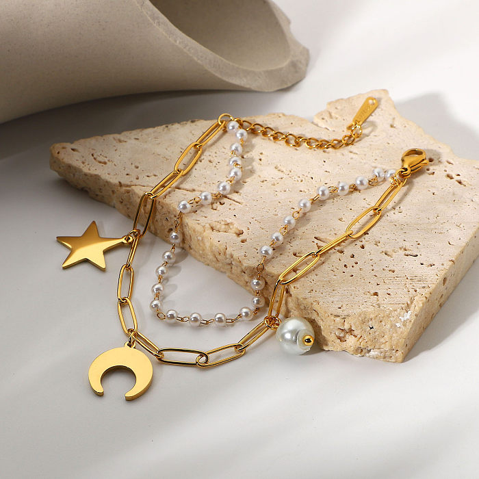 18 Karat vergoldetes Doppelschicht-Armband mit Stern-Mond-Perlen-Anhänger aus Edelstahl