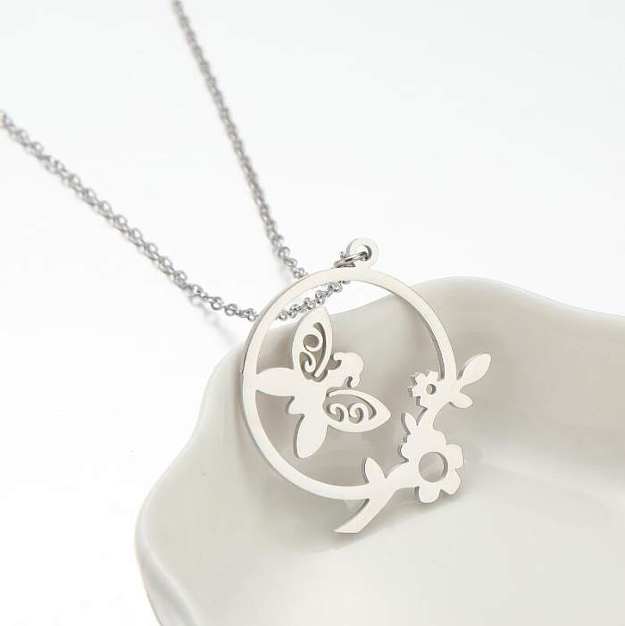 Fashion Flower Butterfly Stainless Steel  Stainless Steel Plating Hollow Out Pendant Necklace 1 Piece