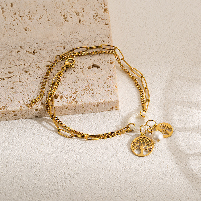 Bracelets plaqués or en couches d'imitation de perles en acier inoxydable, Style moderne et décontracté, ancre d'arbre d'étoile de mer