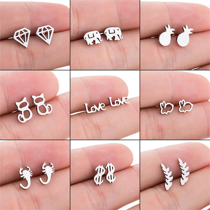 Pendientes huecos chapados en acero inoxidable con diseño de letra, gato, elefante, estilo Simple, 1 par