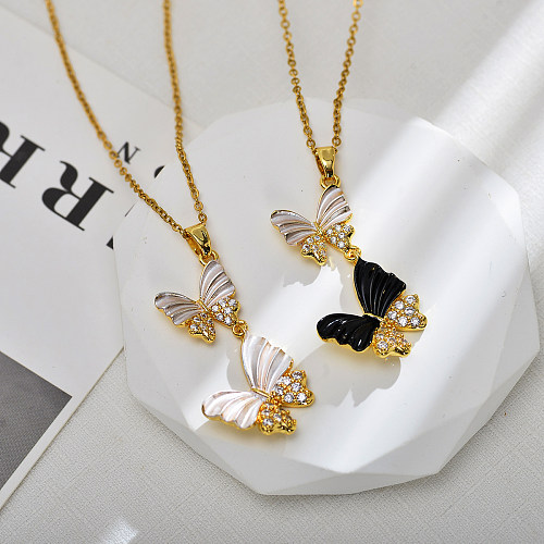 Sweet Butterfly Stainless Steel Copper Inlay Zircon Pendant Necklace