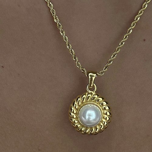 Casual Simple Style Round Stainless Steel Plating Inlay Pearl 18K Gold Plated Pendant Necklace