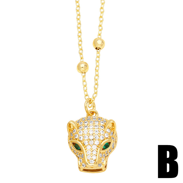 Hip-Hop Leopard Head Stainless Steel  Copper Inlay Zircon 18K Gold Plated Pendant Necklace
