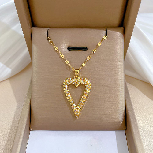 Fashion Heart Shape Stainless Steel  Copper Plating Artificial Diamond Pendant Necklace