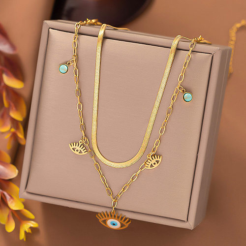 Casual Simple Style Devil'S Eye Lightning Stainless Steel Plating Hollow Out Inlay Turquoise Zircon Layered Necklaces