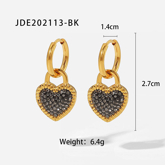 Novo estilo 18K banhado a ouro em forma de coração com pingente de zircônia preto e branco brincos de aço inoxidável