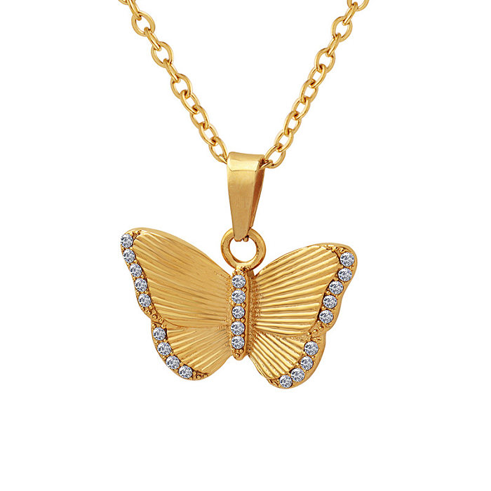 Mode Schmetterling Edelstahl Anhänger Halskette Überzug Inlay Zirkon Edelstahl Halsketten