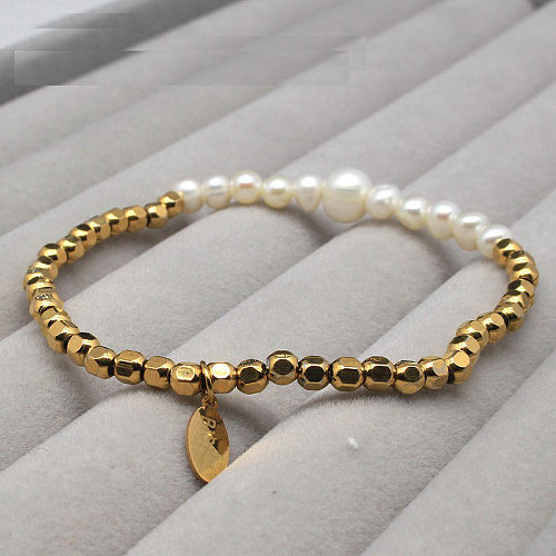 1 Piece Simple Style Geometric Titanium Steel Beaded Pearl Bracelets