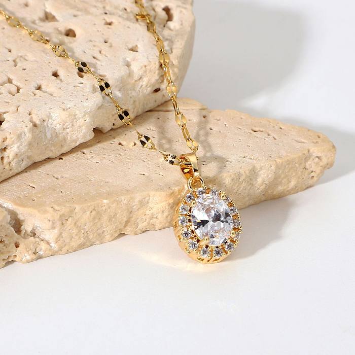 New 18k Gold-plated Stainless Steel  Jewelry Oval White Cubic Zirconia Pendant Necklace