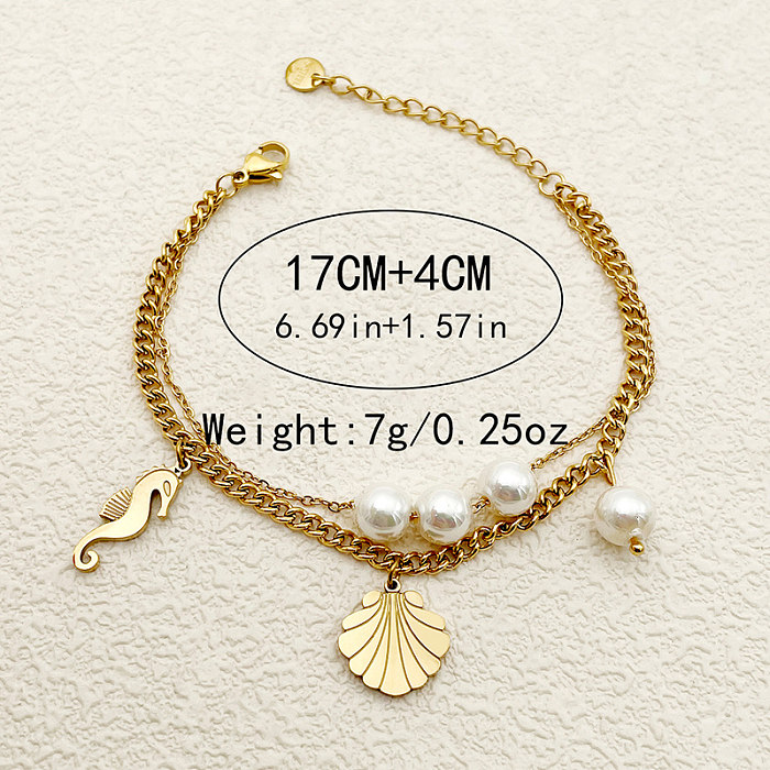 Sweet Simple Style Round Hippocampus Shell Stainless Steel Imitation Pearl Beaded Plating Pearl Gold Plated Bracelets