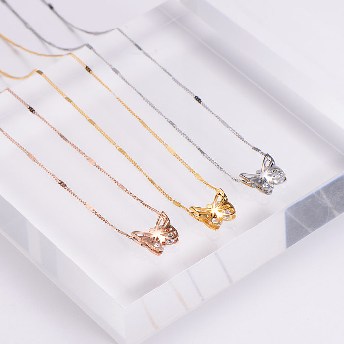 Women'S Fashion Butterfly Stainless Steel  Rhinestone Pendant Necklace Diamond Stainless Steel  Necklaces