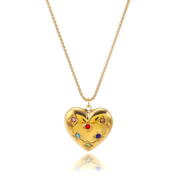 Casual Simple Style Heart Shape Stainless Steel  Plating Inlay Zircon 18K Gold Plated Pendant Necklace Long Necklace