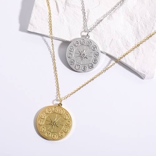 Casual Retro Round Constellation Stainless Steel  Plating Inlay Zircon 18K Gold Plated Pendant Necklace