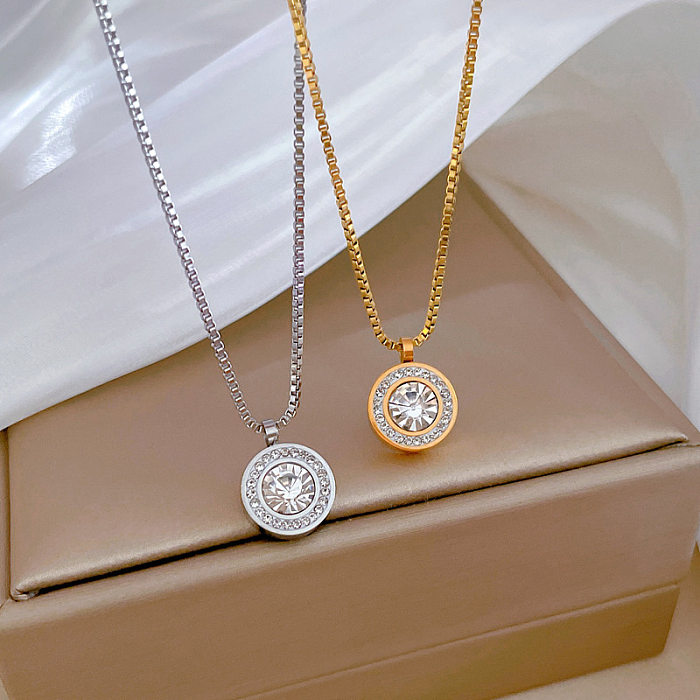 Casual Simple Style Round Stainless Steel Plating Inlay Zircon Pendant Necklace