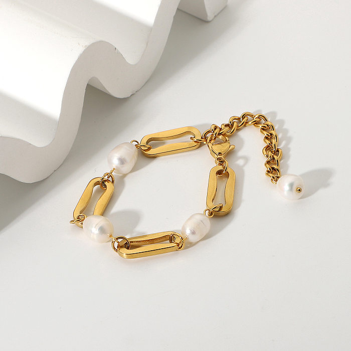 Bracelet en acier inoxydable plaqué or avec chaîne rectangulaire en perles baroques