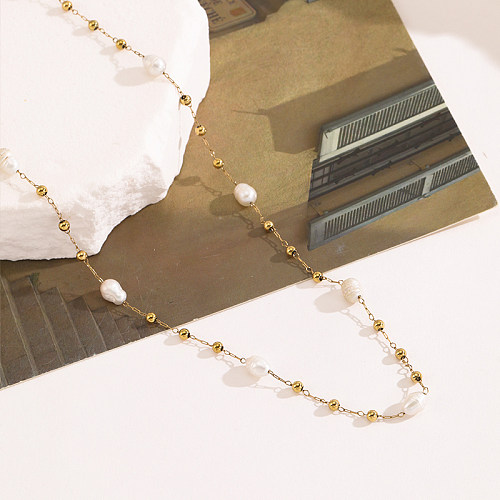 Lässige, schlichte, geometrische Halskette aus Edelstahl mit Imitationsperlenbeschichtung