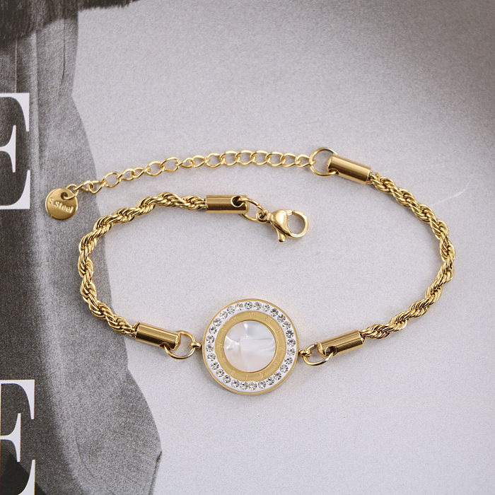 Elegante retrô feminino geométrico titânio aço chapeamento incrustado zircão pulseiras banhadas a ouro 18K