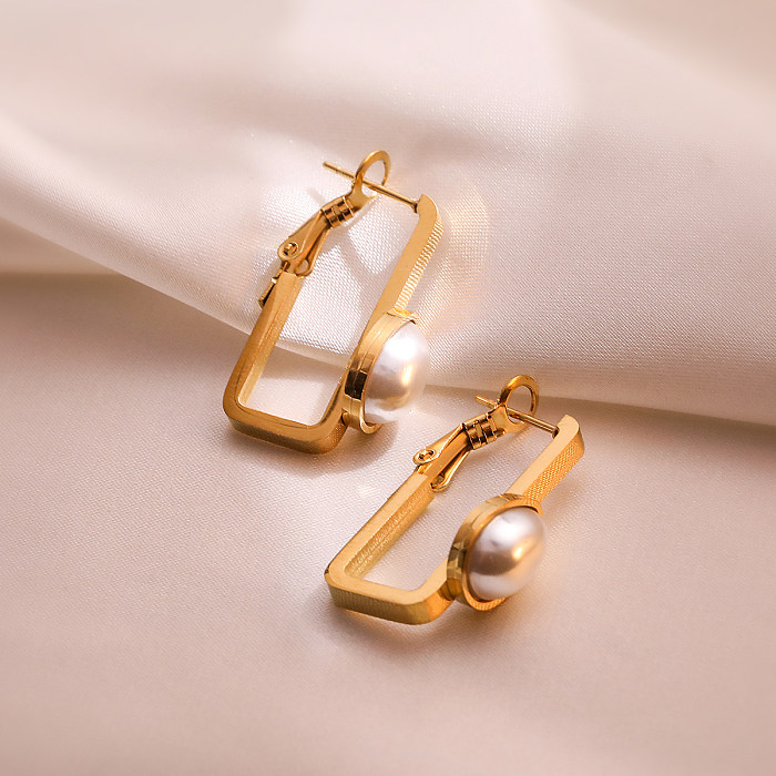 1 Paar schlichte, runde Ohrringe mit Inlay aus Edelstahl mit Perle und 18-Karat-Vergoldung