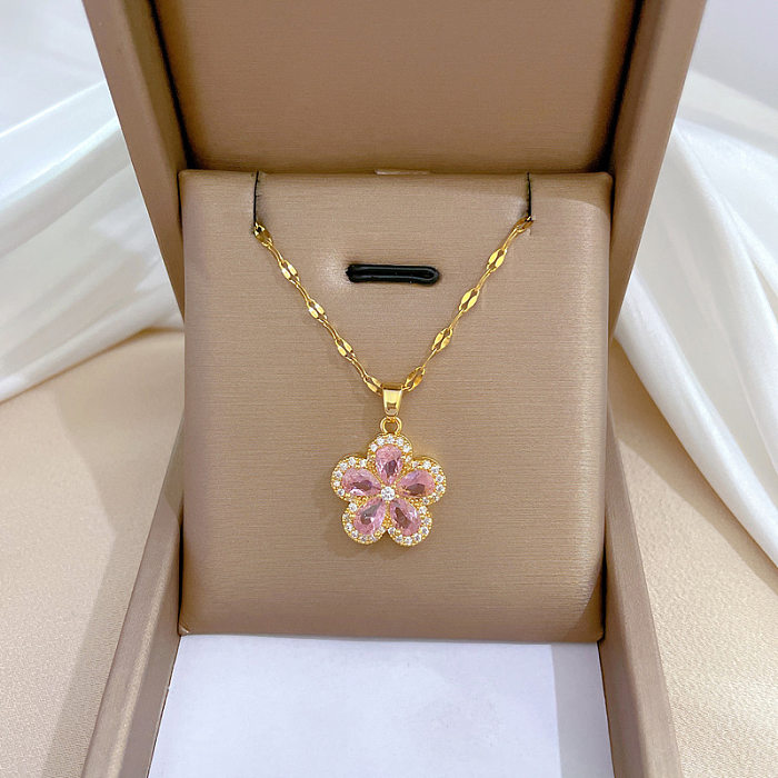 Pastoral Heart Shape Flower Butterfly Stainless Steel Copper Inlay Rhinestones Necklace
