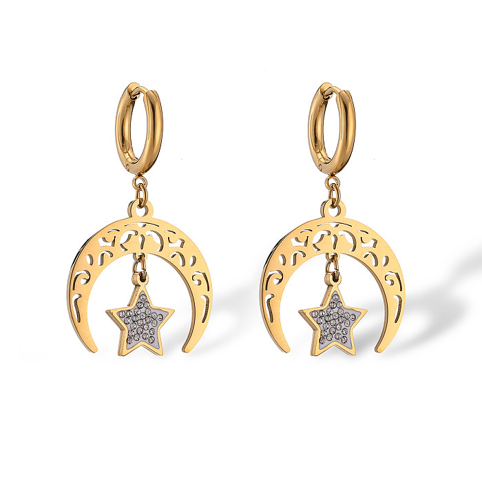 1 Paar schlichte Ohrringe im Pendel-Stil mit Stern- und Mondbeschichtung, Edelstahl-Zirkon, 18 Karat vergoldet