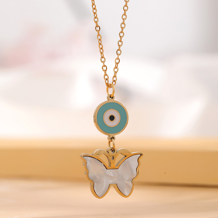 Collier pendentif rétro en forme d'oeil de paume et de papillon, incrustation en acier inoxydable, coquille en Zircon plaqué or