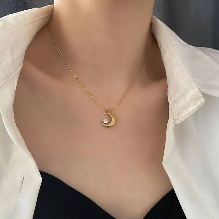 Simple Style Moon Stainless Steel Inlay Zircon Pendant Necklace