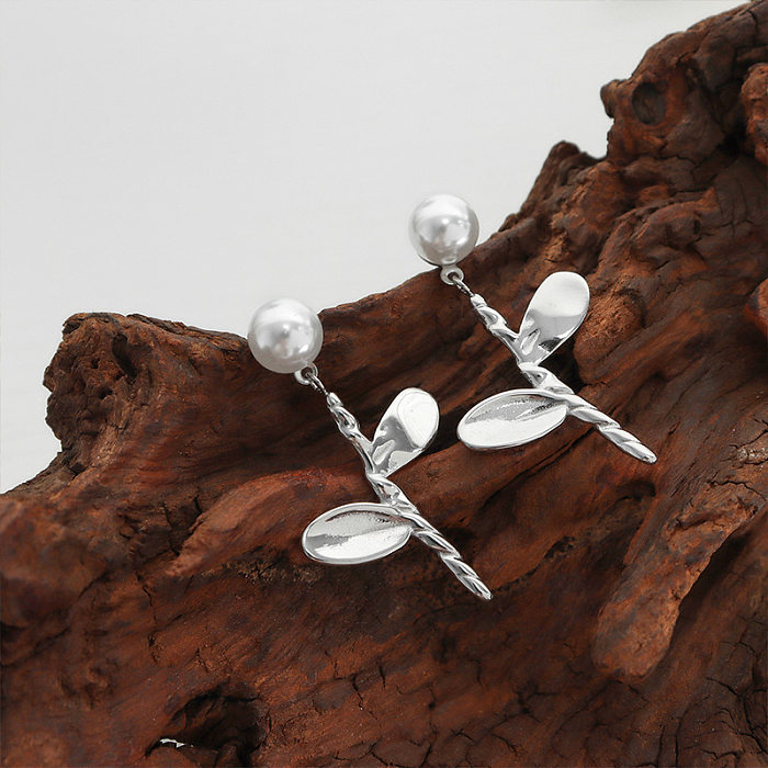 1 paire de boucles d'oreilles pendantes en acier inoxydable, Style Simple et doux, avec incrustation de fleurs et perles