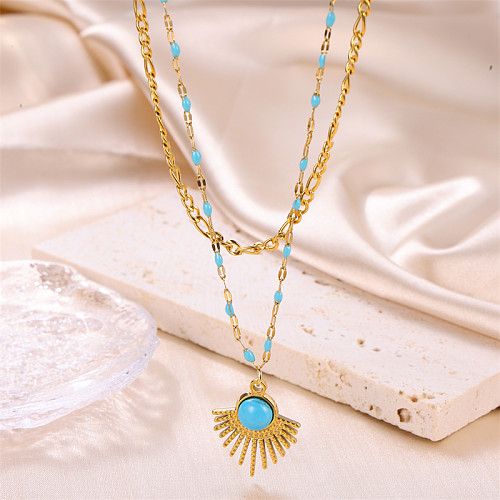 IG Style Sun einfarbige, emaillierte Inlay-Intarsien aus Edelstahl mit türkisfarbener 18-Karat-Vergoldung, mehrschichtige Halsketten