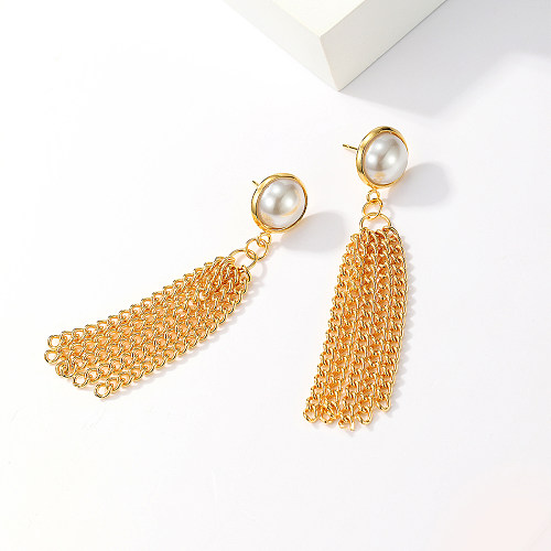 1 Pair Simple Style Tassel Stainless Steel  Plating Inlay Pearl Gold Plated Drop Earrings