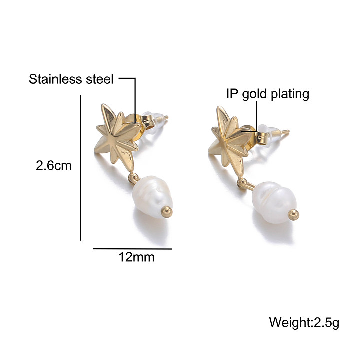 1 par de pendientes elegantes y lujosos chapados en borla cruzada de acero inoxidable con perlas de imitación chapadas en oro de 18 quilates