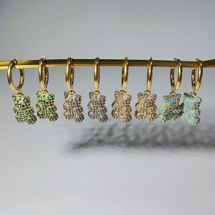 1 Paar niedliche Bären-Ohrringe im IG-Stil mit Inlay aus Edelstahl, Kupfer, Zirkon, 18 Karat vergoldet