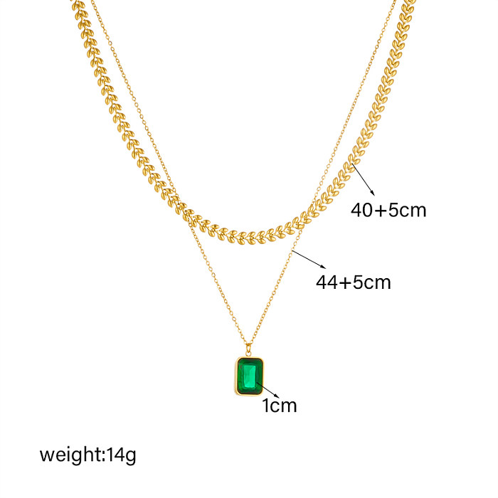 Retro Square Stainless Steel Plating Inlay Artificial Gemstones 18K Gold Plated Double Layer Necklaces