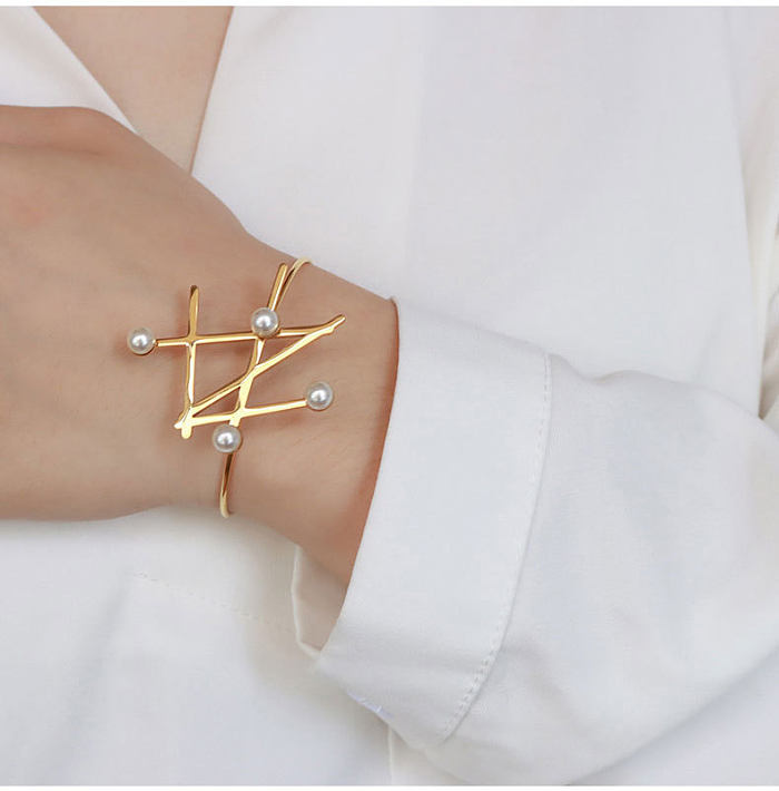 Anel de pulseira banhado a ouro de aço titânio pérola geométrica estilo moda