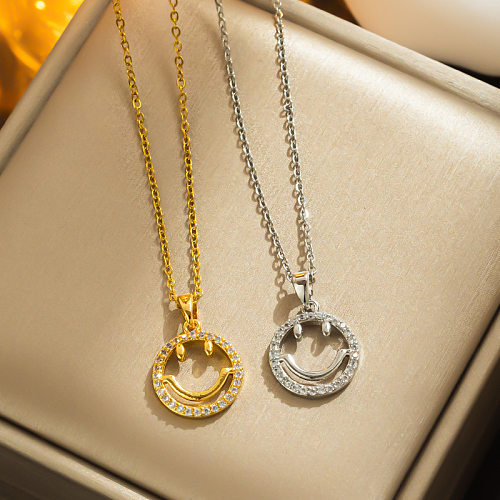 Vintage Style Cartoon Character Smiley Face Stainless Steel Plating Inlay Zircon Pendant Necklace