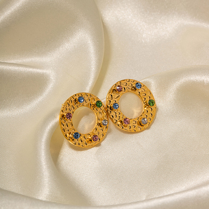 1 Paar moderne Ohrstecker mit runder Edelstahlbeschichtung, ausgehöhltem Inlay und künstlichem Diamant, 18 Karat vergoldet
