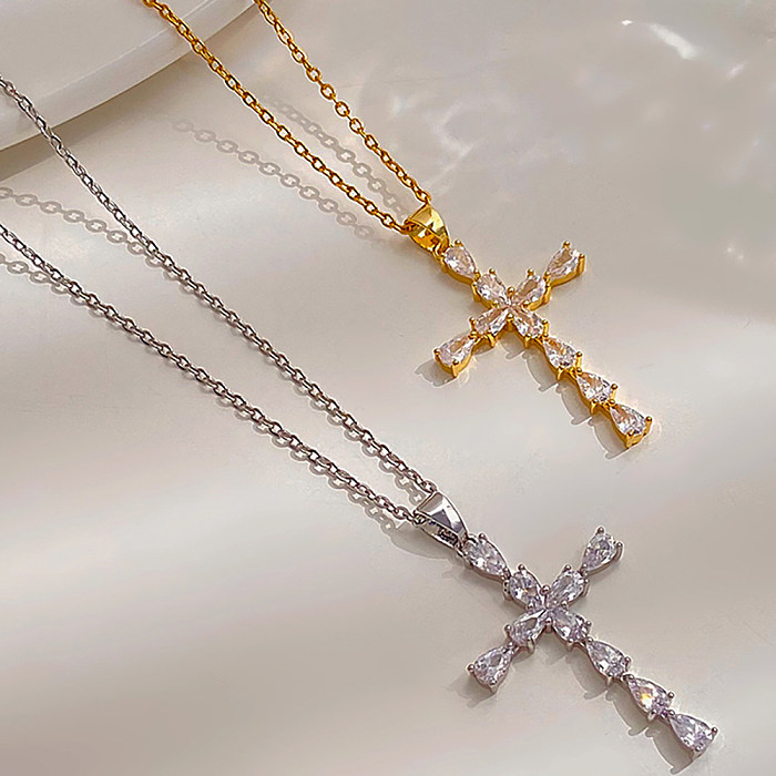 1 Piece Vintage Style Cross Stainless Steel  Inlay Diamond Pendant Necklace