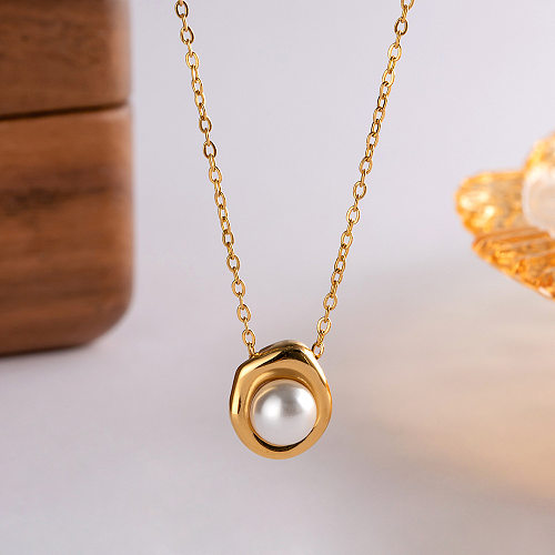 Collier pendentif en perles artificielles avec incrustation géométrique rétro en acier inoxydable