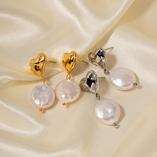 1 Pair Elegant Heart Shape Stainless Steel  Pearl Plating 18K Gold Plated Drop Earrings