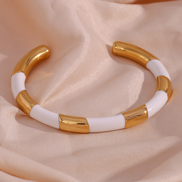 Simple Style Classic Style C Shape Color Block Stainless Steel Enamel Plating 18K Gold Plated Cuff Bracelets
