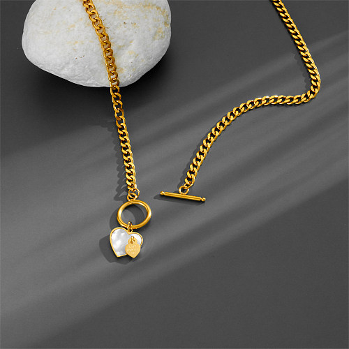 Hip-Hop Punk Heart Shape Stainless Steel Plating Inlay Shell 18K Gold Plated Pendant Necklace