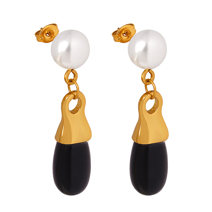 1 Paar IG Style Cool Style ovale plattierte Inlay-Tropfenohrringe aus Edelstahl mit künstlichen Perlen und Glassteinen und 18 Karat vergoldet