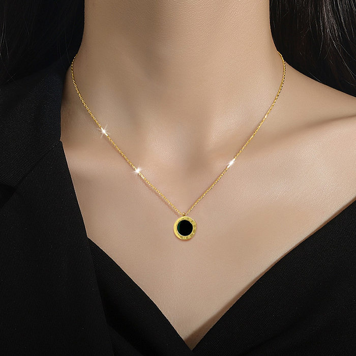 Retro Round Stainless Steel Inlay Shell Pendant Necklace