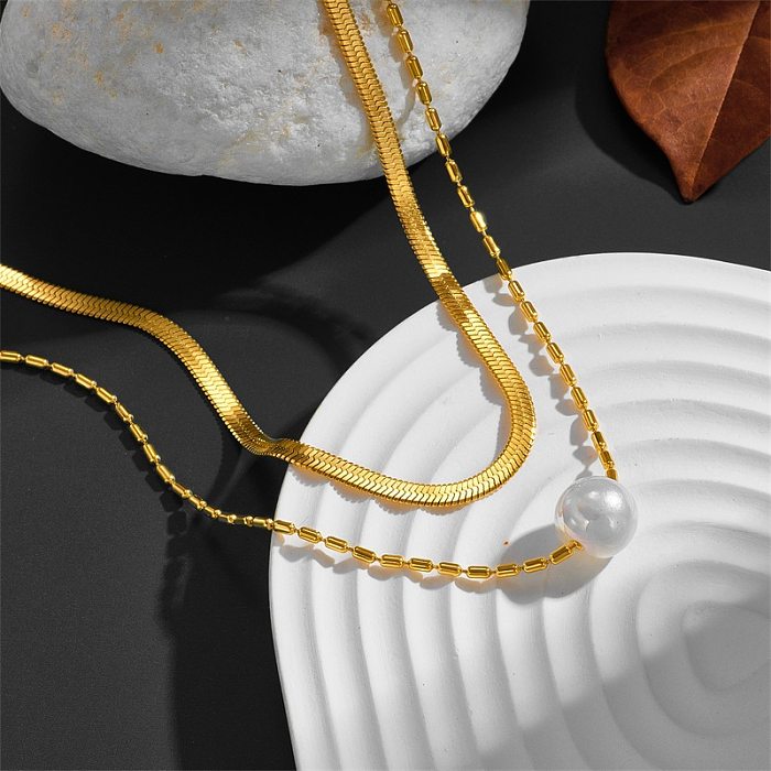 Colliers superposés en acier inoxydable pour femmes élégantes, couleur unie, Imitation de perles géométriques