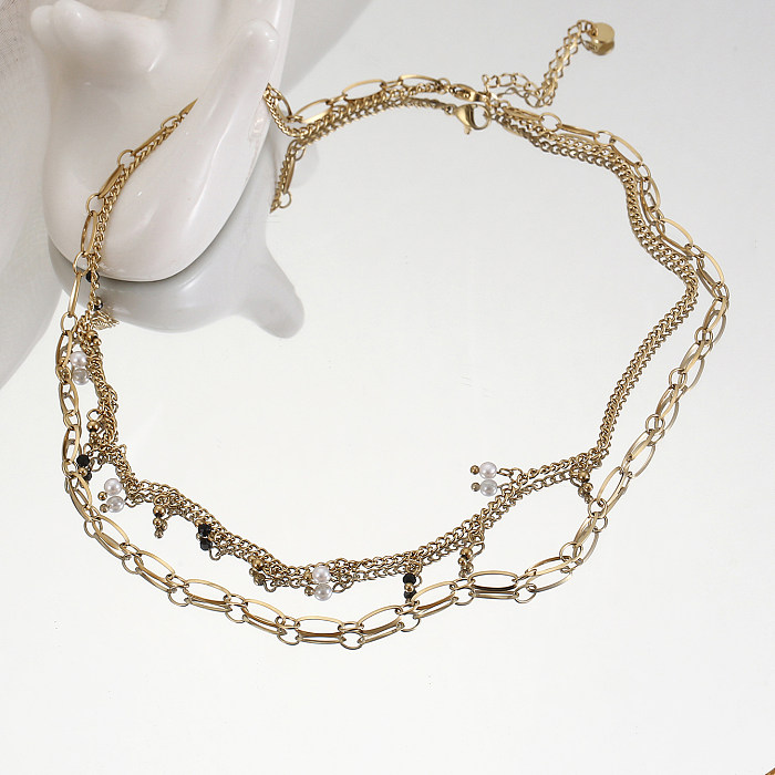 Collares en capas de acero inoxidable geométricos de moda chapados en perlas artificiales collares de acero inoxidable 1 pieza
