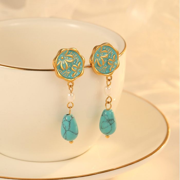 1 paire de clous d'oreilles plaqués or, incrustation géométrique de Style Vintage, en acier inoxydable, opale Turquoise