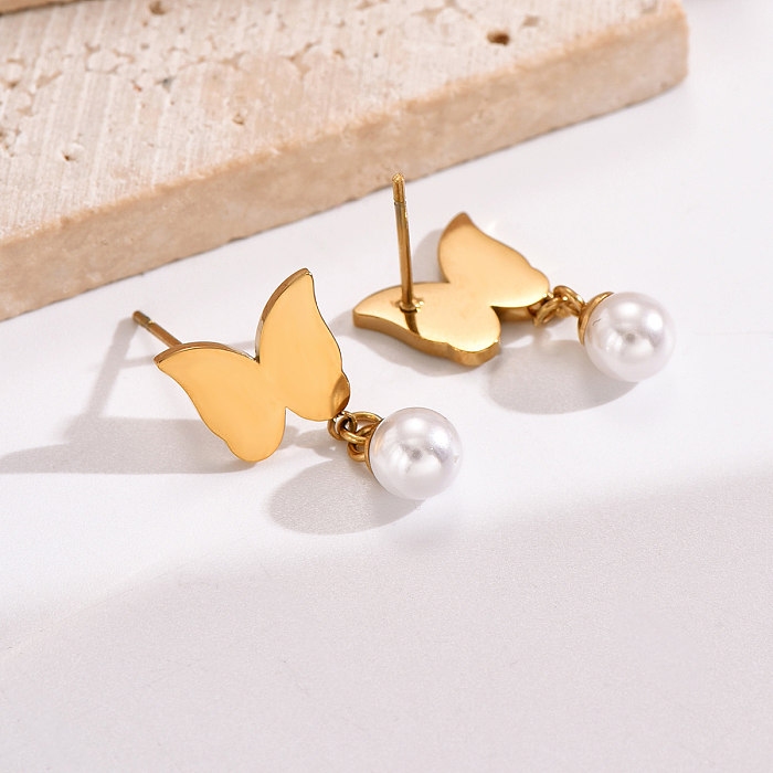 1 paire de boucles d'oreilles papillon plaquées or 14 carats, Style moderne, incrustation de perles artificielles en acier inoxydable