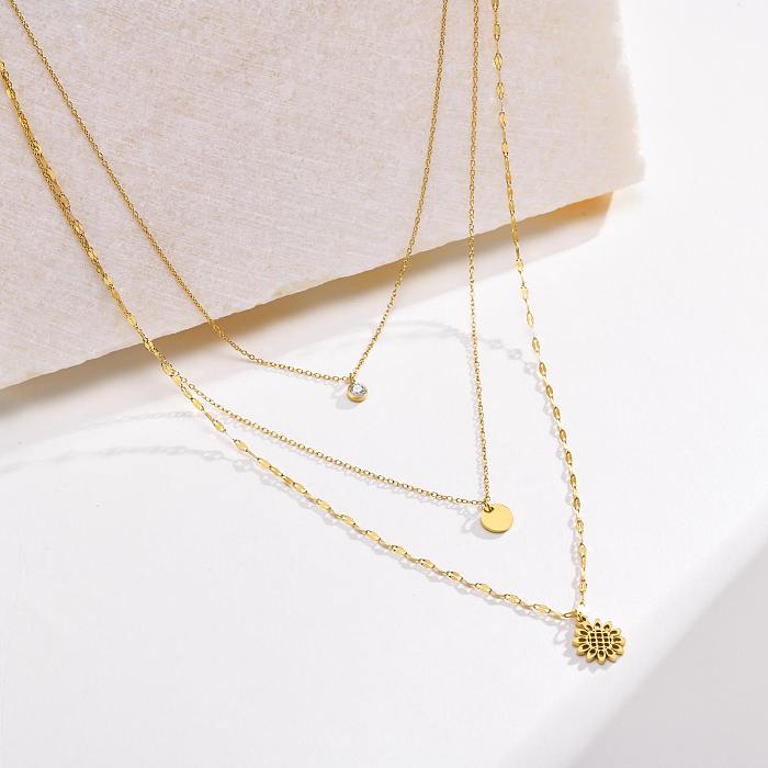 Vacation Simple Style Sunflower Stainless Steel  Plating Inlay Zircon Gold Plated Three Layer Necklace