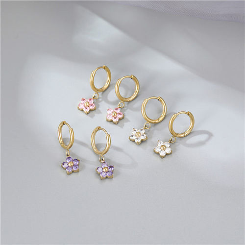 Boucles d'oreilles pendantes en diamant artificiel, fleur à la mode, incrustation de placage en acier inoxydable, 1 paire