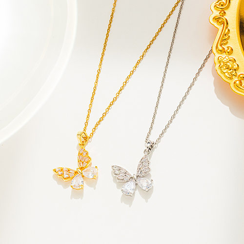 IG Style Simple Style Butterfly Stainless Steel Inlay Zircon Pendant Necklace
